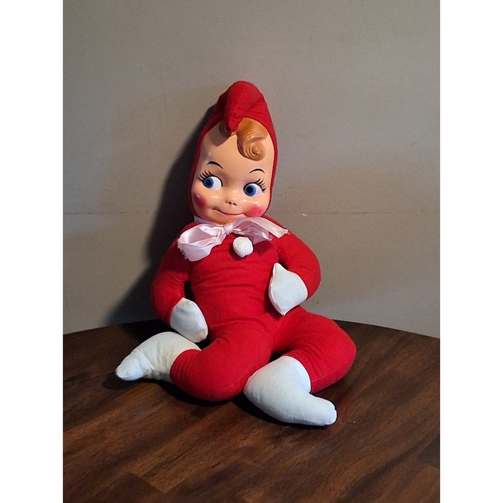 Vintage Rubber Face Elf Christmas Doll Red Plush Mid Century Retro Holiday
